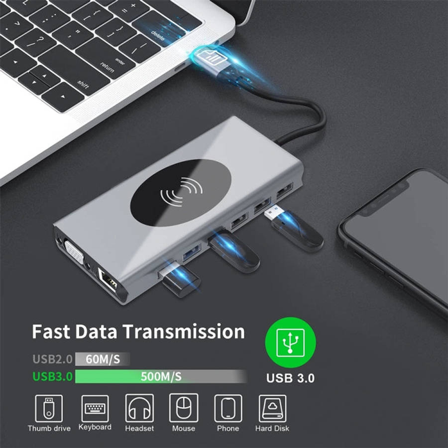 1093 13 in 1 USB HUB Type-C Docking Station with Wireless Charger Function, 1093