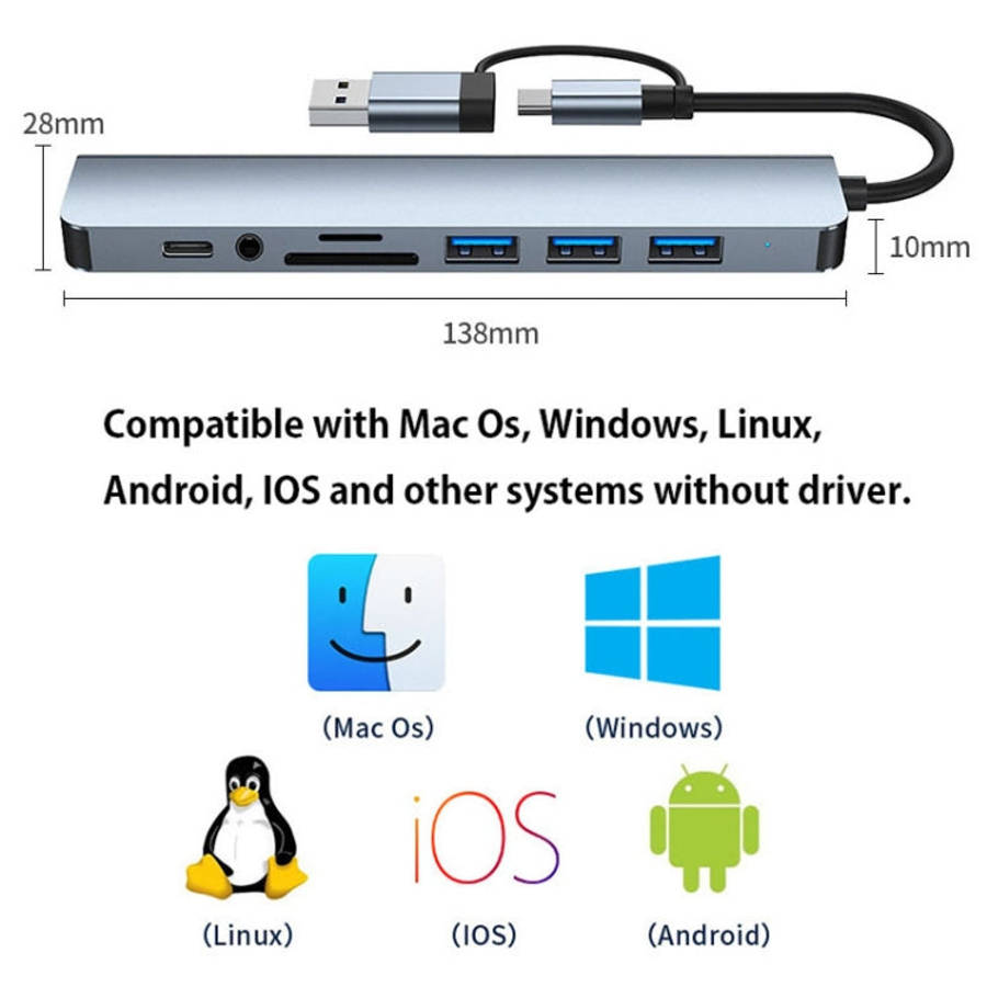 BYL-2218TU 8 in 1 USB + USB-C / Type-C to USB Multifunctional Docking Station HUB Adapter, BYL-22...