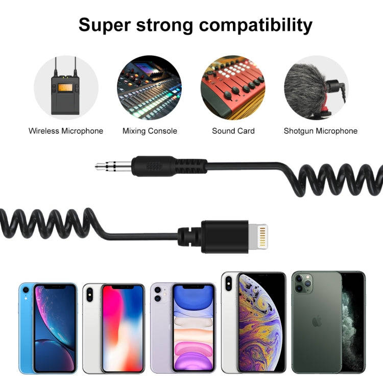 PULUZ 3.5mm TRRS Male to 8 Pin Male Live Microphone Audio Adapter Spring Coiled Cable for iPhone,...