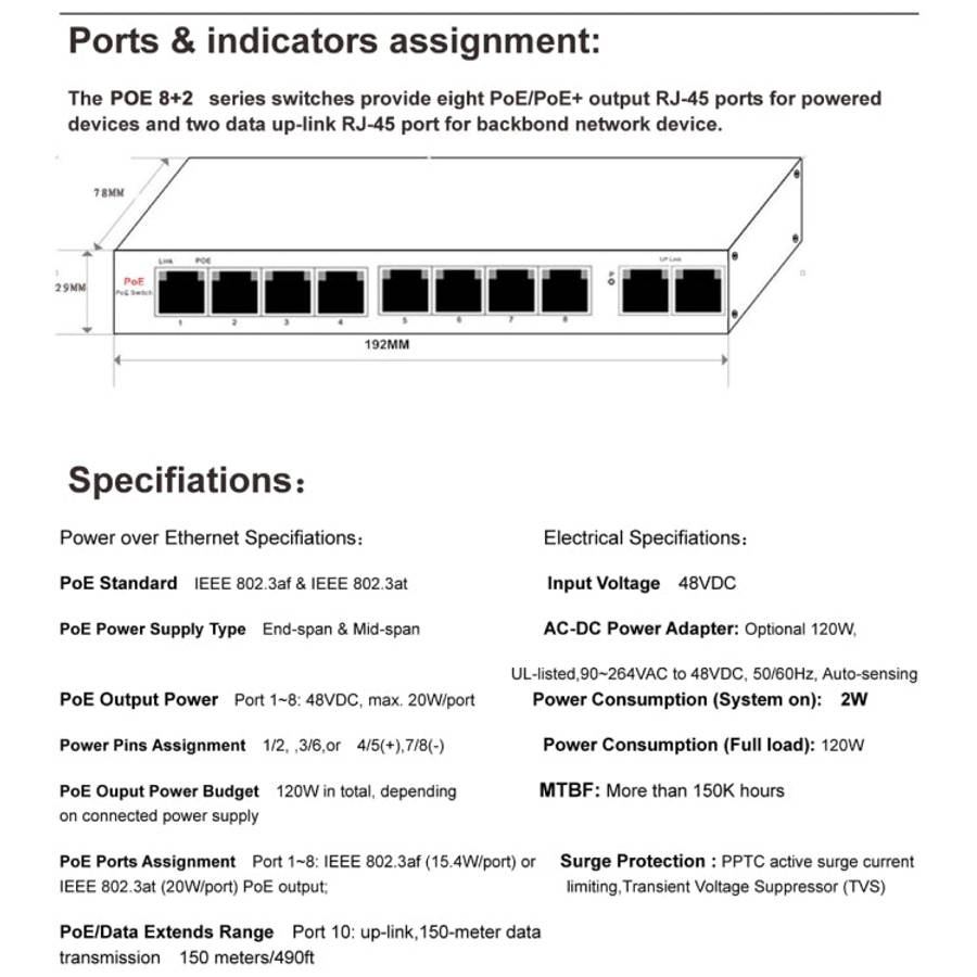 ESCAM POE 8+2 10-Port Fast Ethernet Switch 8-Port POE 10/100M 120W Network Switch, Transmission D...