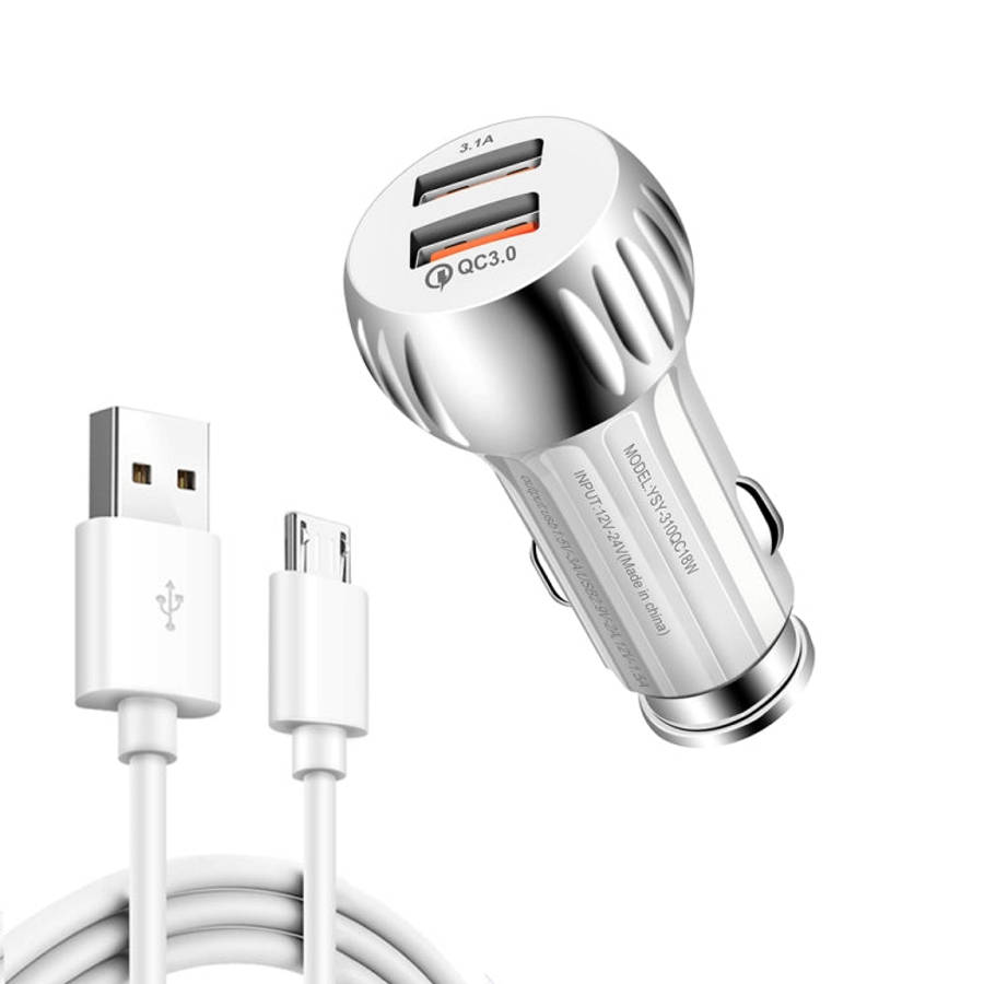 YSY-310QC18W QC3.0 Dual Port USB Car Charger + 3A USB to Micro USB Data Cable, Cable Length: 1m, ...