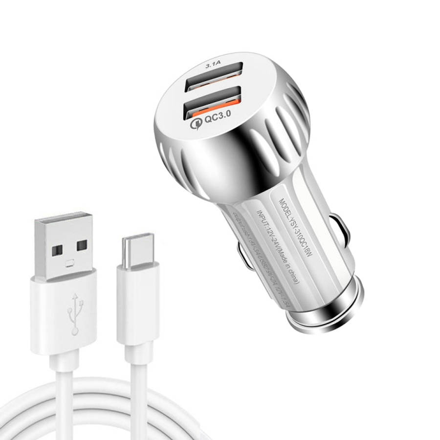 YSY-310QC18W QC3.0 Dual Port USB Car Charger + 3A USB to USB-C / Type-C Data Cable, Cable Length:...