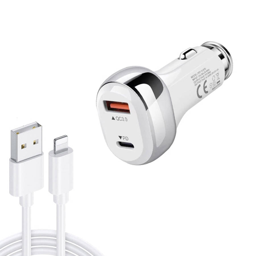 YSY-312PD QC3.0 18W USB + PD 20W USB-C / Type-C Car Charger with USB to 8 Pin Data Cable, PD 20W ...