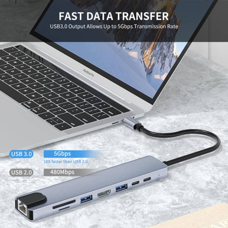 JUNSUNMAY 8 in 1 Type-C to 4K HDMI / Ethernet Docking Station Adapter PD Quick Charge Hub SD/TF C...