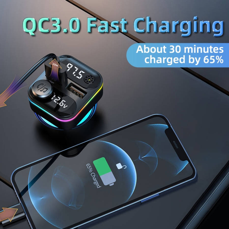 C37 Car QC3.0 20W Fast Charger LED Backlit Atmosphere Light MP3 Player Bluetooth FM Transmitter, C37
