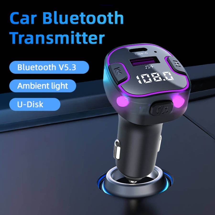 C49 With Type-C+USB Port FM Transmitter Car Bluetooth Adapter Ambient Light MP3 Music Player, C49