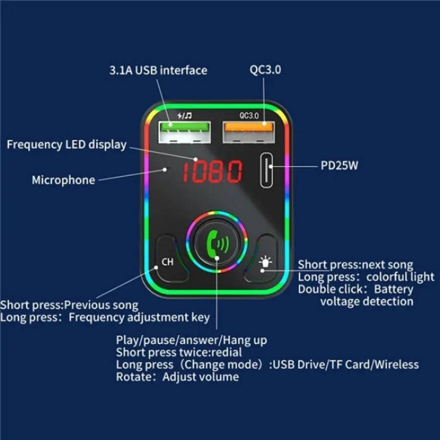 PDF3 7-Color Lights Hands-Free Bluetooth Calling MP3 Wireless Player PD/QC3.0 Fast Car Charger, PDF3