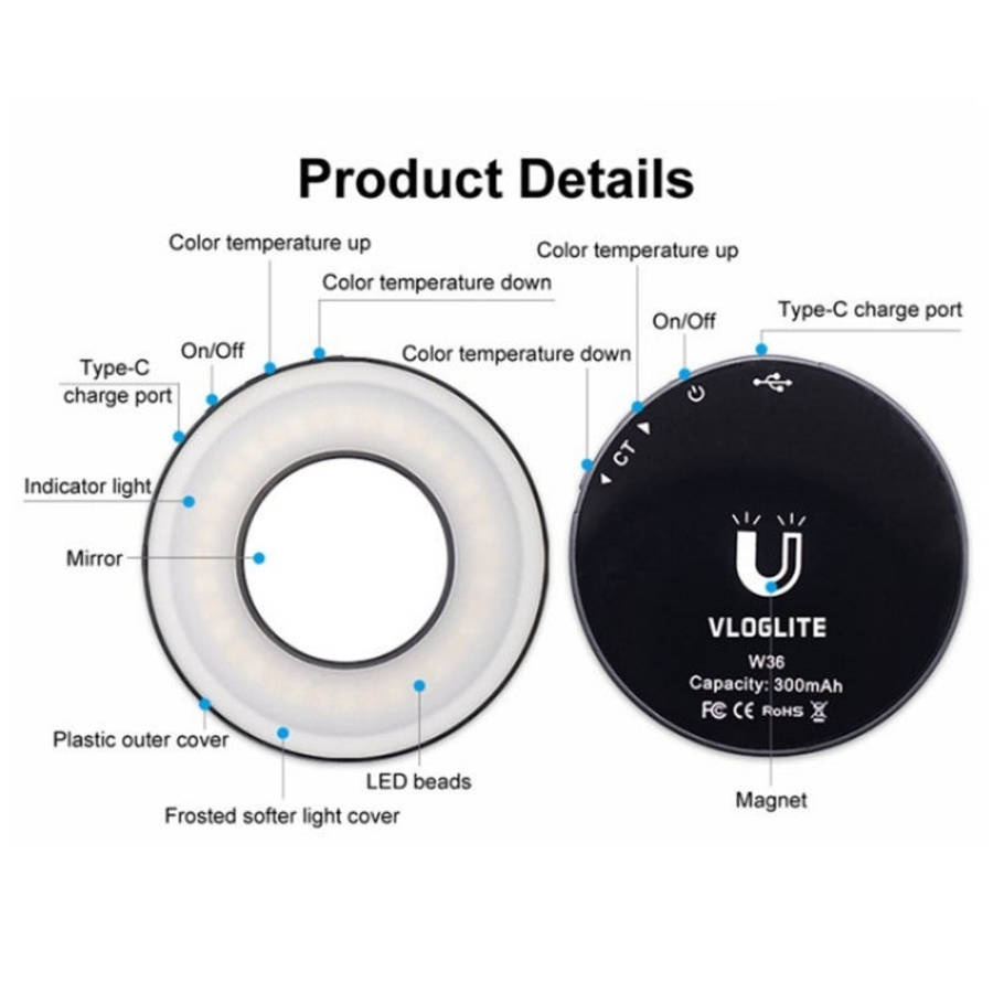 VLOGLITE W36 Mini LED Cell Phone Fill Light With Makeup Mirror Magnetic Selfie Ring Light, W36 Mi...