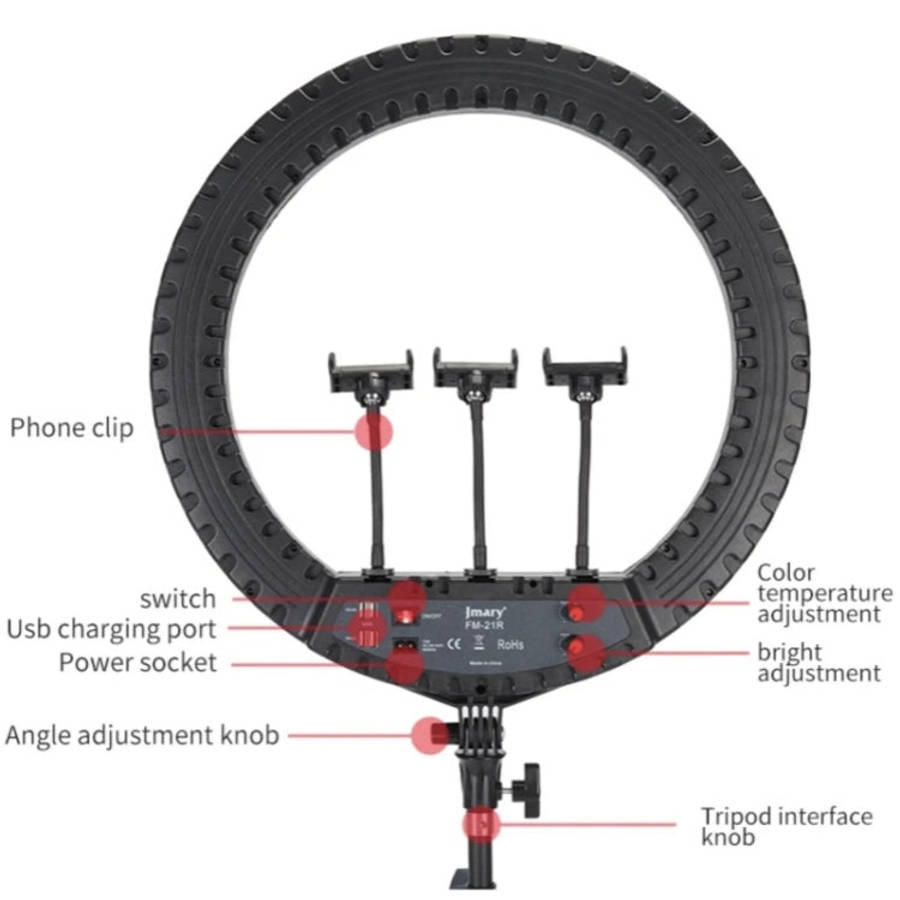 JMARY FM-21R With Remote Control Phone Clip 21-inch Dimmable LED Ring Light, US Plug, EU Plug