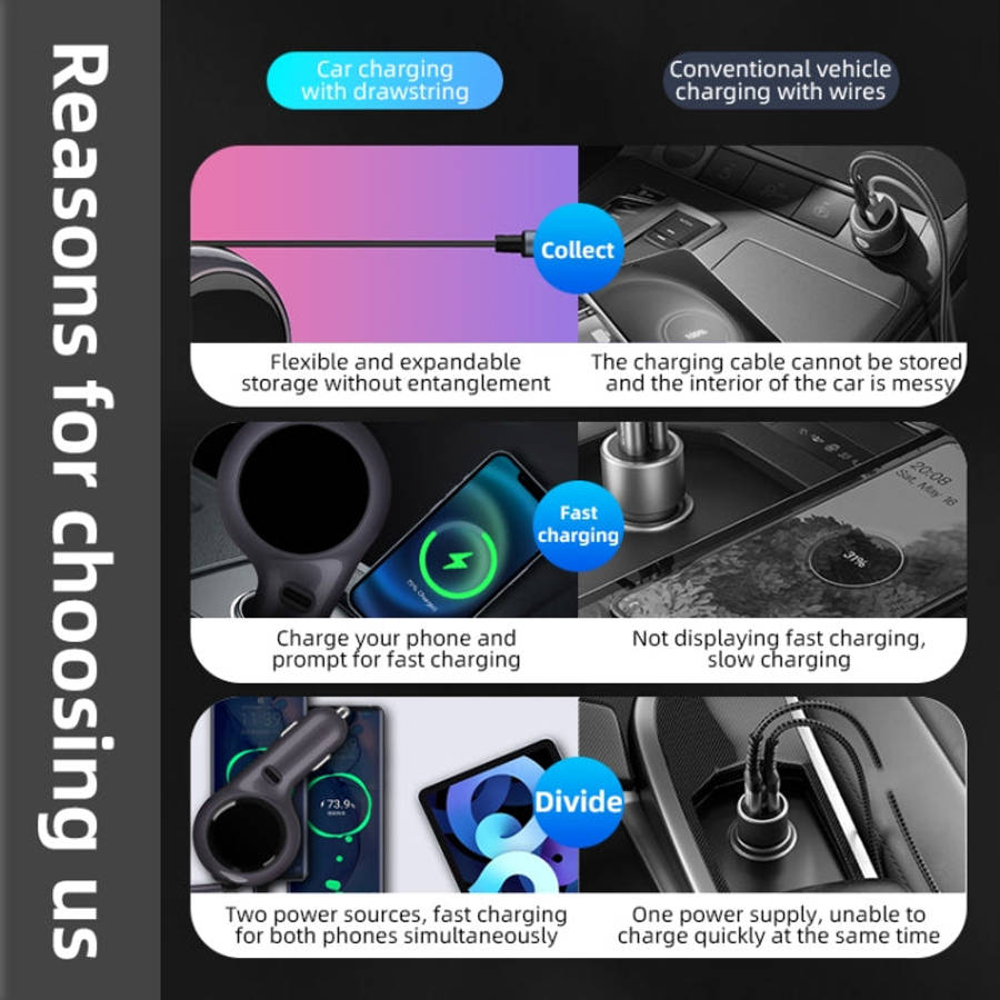 K2 With 60W Type-C Retractable Cable Type-C Port Phone Fast Charging Adapter Car Charger