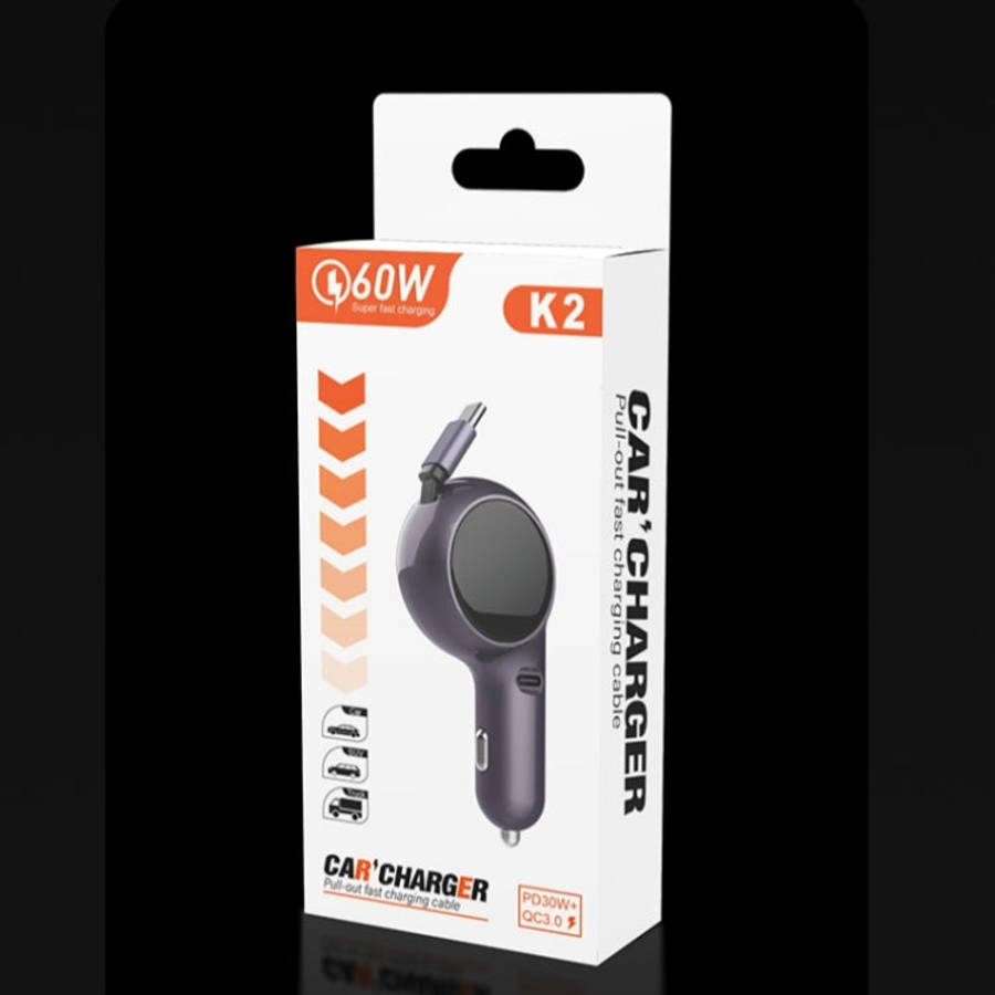 K2 With 60W Type-C Retractable Cable Type-C Port Phone Fast Charging Adapter Car Charger