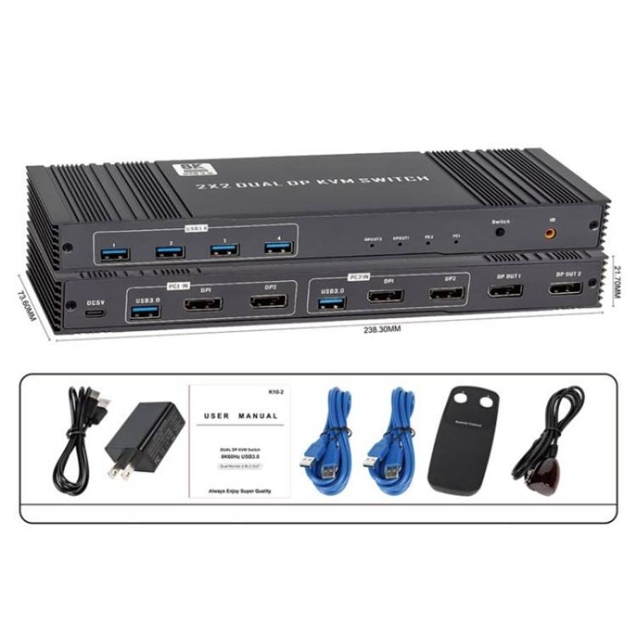 K10-2 For 2 Computers/Monitors USB 3.0 Dual DP Output 8K 60Hz 2x2 Version 2.1 KVM Switcher, US Pl...