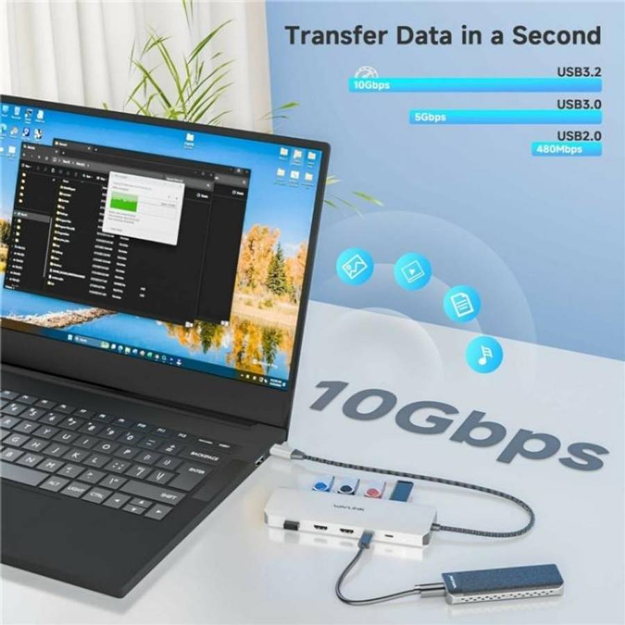 WAVLINK UMD309 Dual HD PD100W 10Gbps USB-A USB-C Docking Station 10 in 1 HUB, UMD309