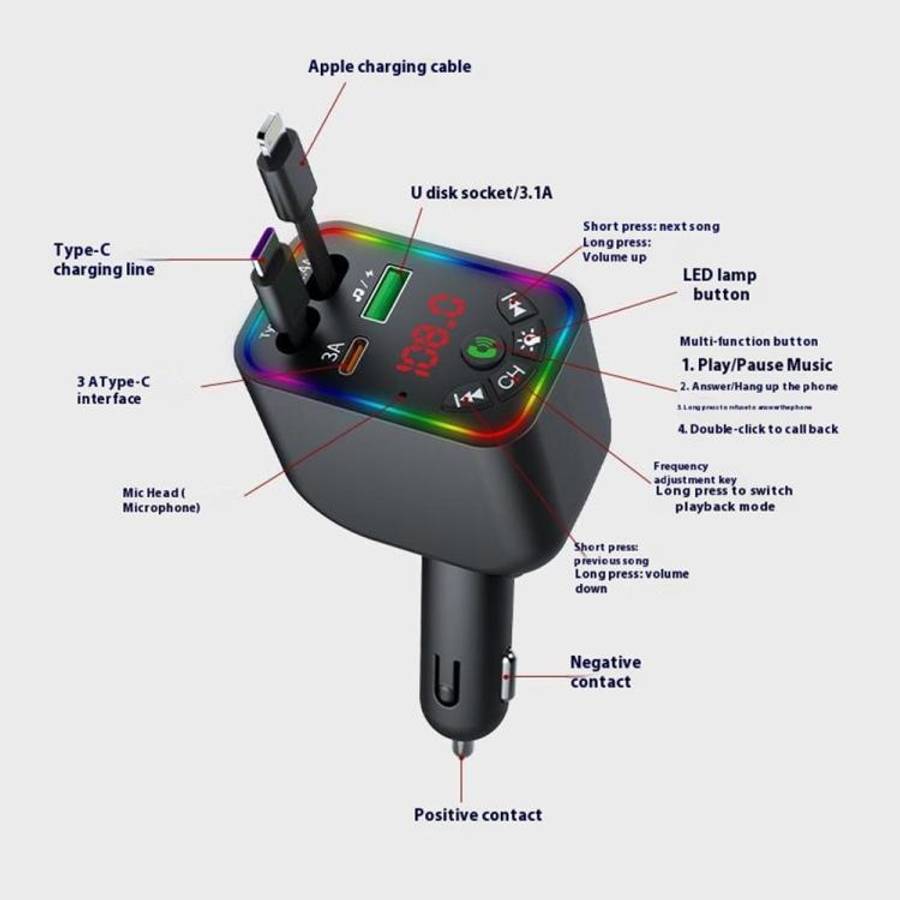L5 Car Bluetooth-Compatible MP3 Player Hands Free Calling FM Transmitter Fast Charger, L5