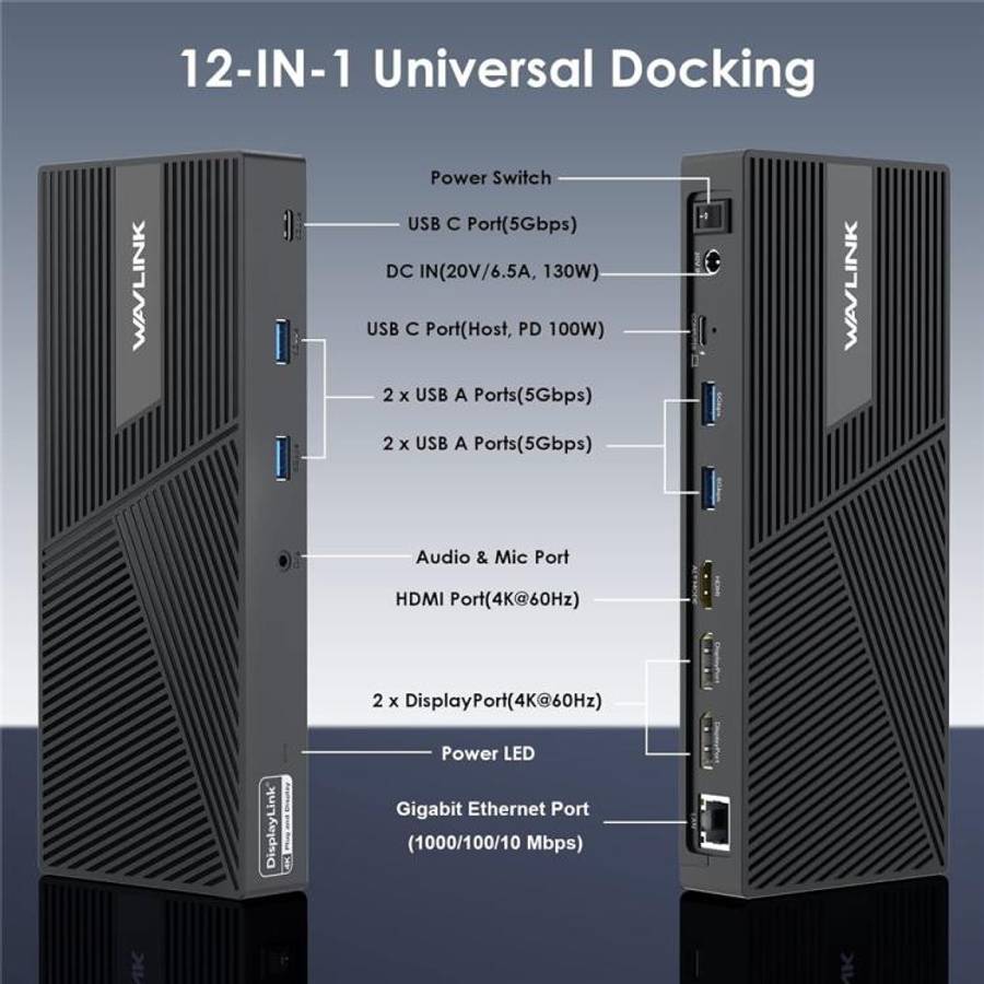 WAVLINK UG69PD24 12-in-1 PD 100W Charging Displaylink Docking Station For Thunderbolt 4 / 3, UG69...