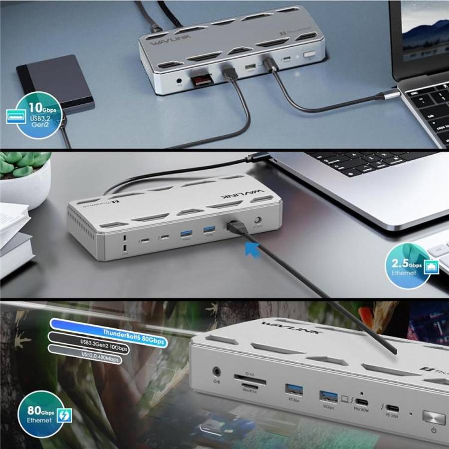 WAVLINK UTD58 12 in 1 120Gbps 140W Thunderbolt 5 Docking Station, US Plug, EU Plug, UK Plug, AU Plug