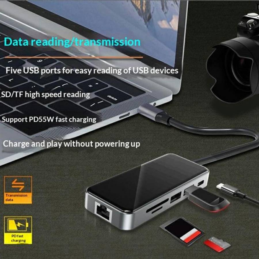 HC-76 4K HD RJ45 Ethernet SD TF Card Reader Multi Port Adapter 10 in 1 USB-C Hub Docking Station,...
