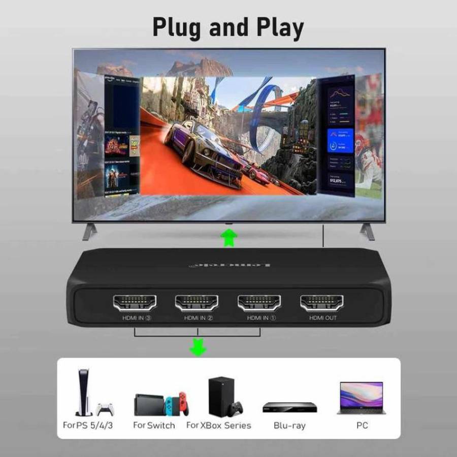 Lemorele G99 3 In 1 Out HDMI Switch 4K 60Hz HDR HDCP2.2 IR Remote Control HDMI Switcher