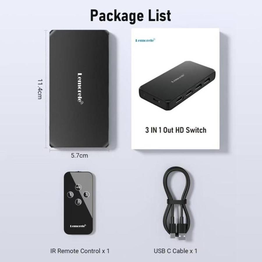Lemorele G99 3 In 1 Out HDMI Switch 4K 60Hz HDR HDCP2.2 IR Remote Control HDMI Switcher
