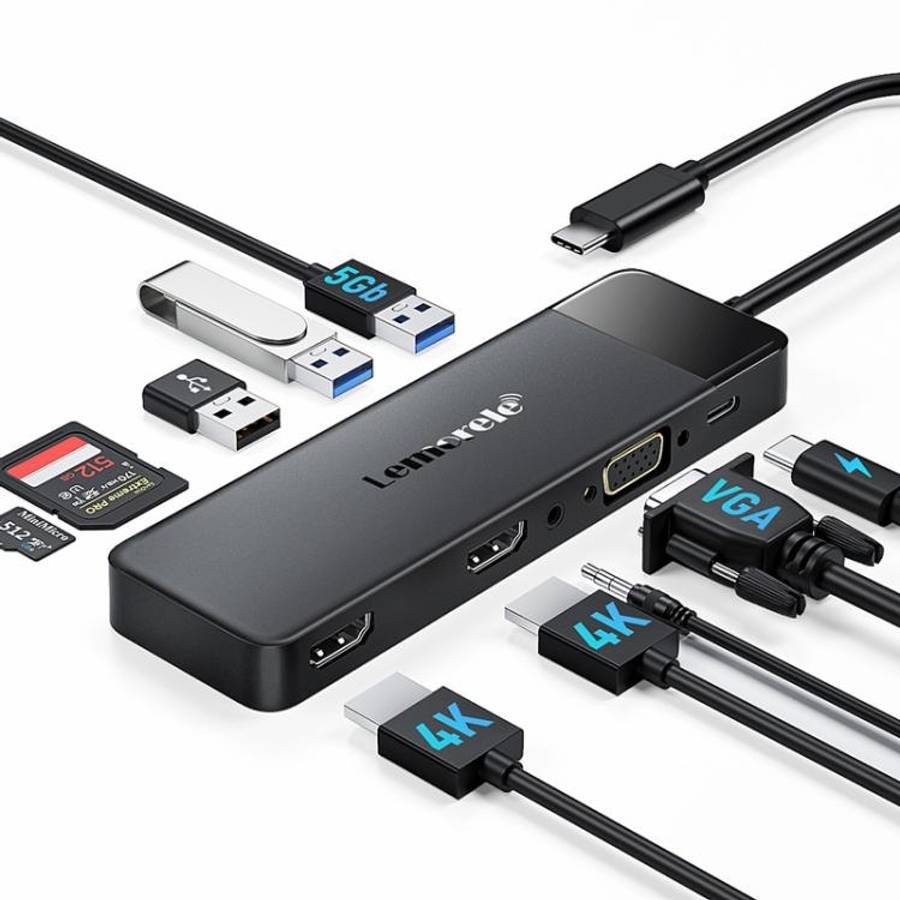 Lemorele TC94 10-in-1 Hub Dual HDMI VGA PD100W Multiport Docking Station