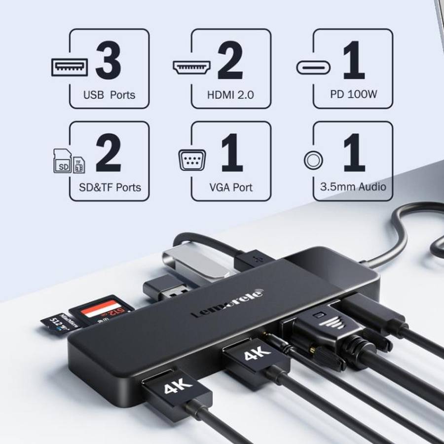 Lemorele TC94 10-in-1 Hub Dual HDMI VGA PD100W Multiport Docking Station