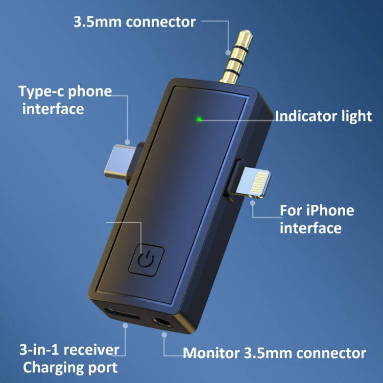 3 In 1 Wireless Lavalier Microphone For iPhone Type-C / USB-C 3.5mm Jack Smartphone SLR Camera PC