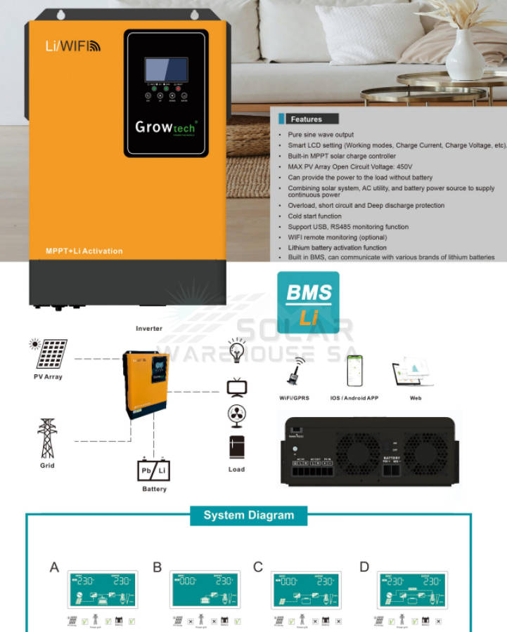 Growtech 5.5kW Solar MPPT Pure Sine Wave Solar Inverter 5500W
