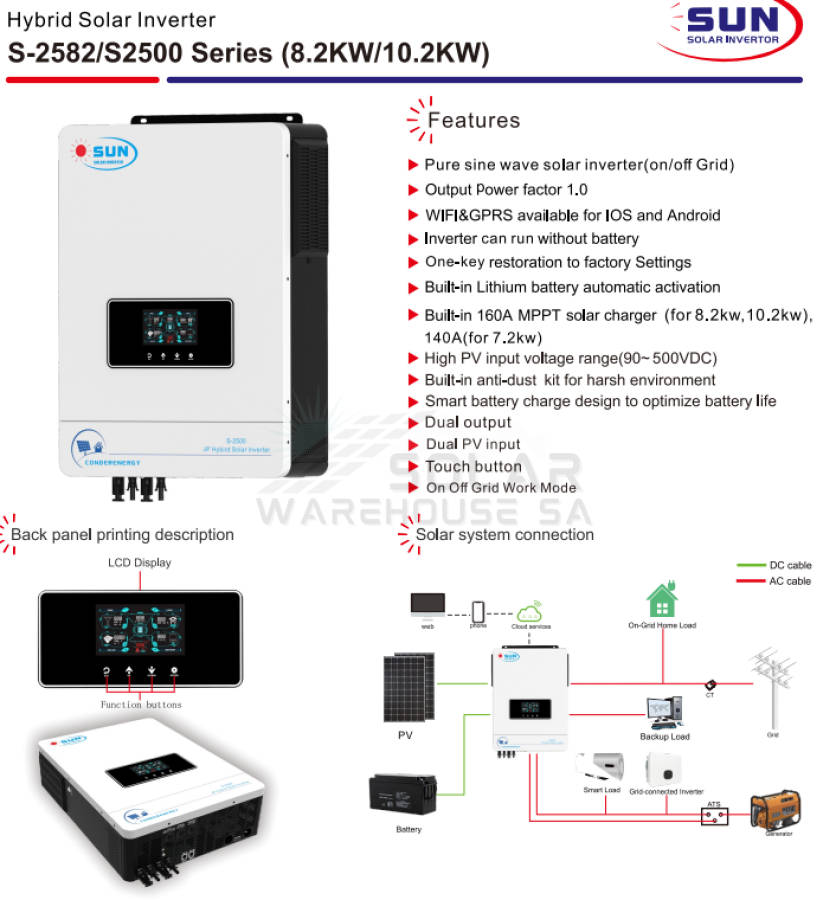 Hybrid Inverter 10.2KVA 10200 Watt MPPT Sun Solar S-2500 48V