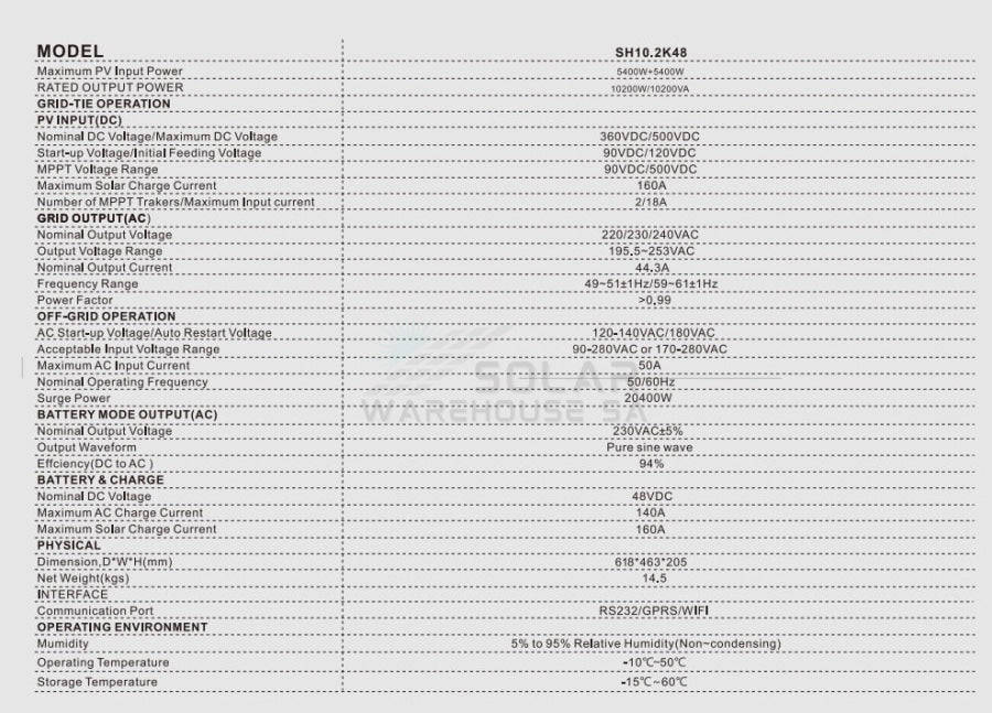 Hybrid Inverter 10.2KVA 10200 Watt MPPT Vito SH10.2K48