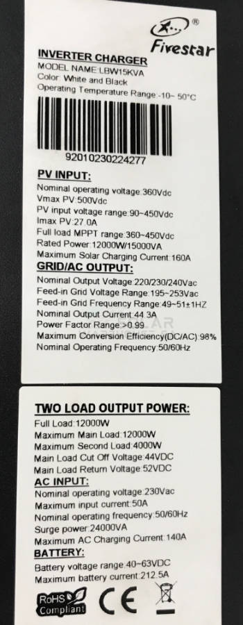 Hybrid Inverter 48V 15KVA / 12KW MPPT Hybrid Inverter Fivestar