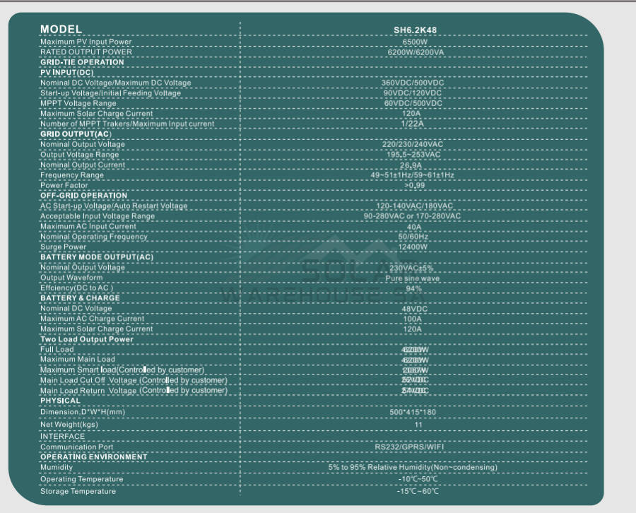 Hybrid Inverter 6.2KVA 6200W Watt MPPT Vito SH6.2K48