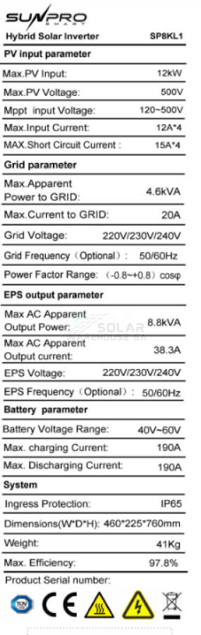 Sunpro Hybrid Solar Inverter Single Phase MPPT Parralel 8.8KW Hybrid Inverter