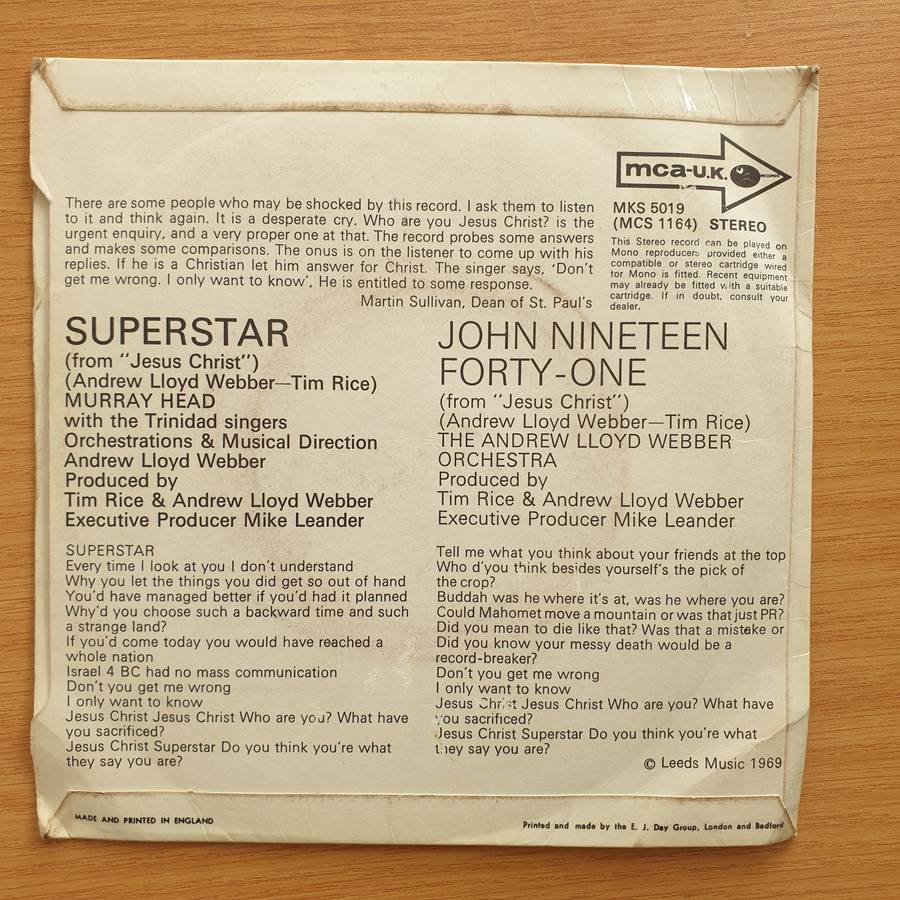 Murray Head With The Trinidad Singers / The Andrew Lloyd Webber Orchestra  Superstar - Vinyl 7...