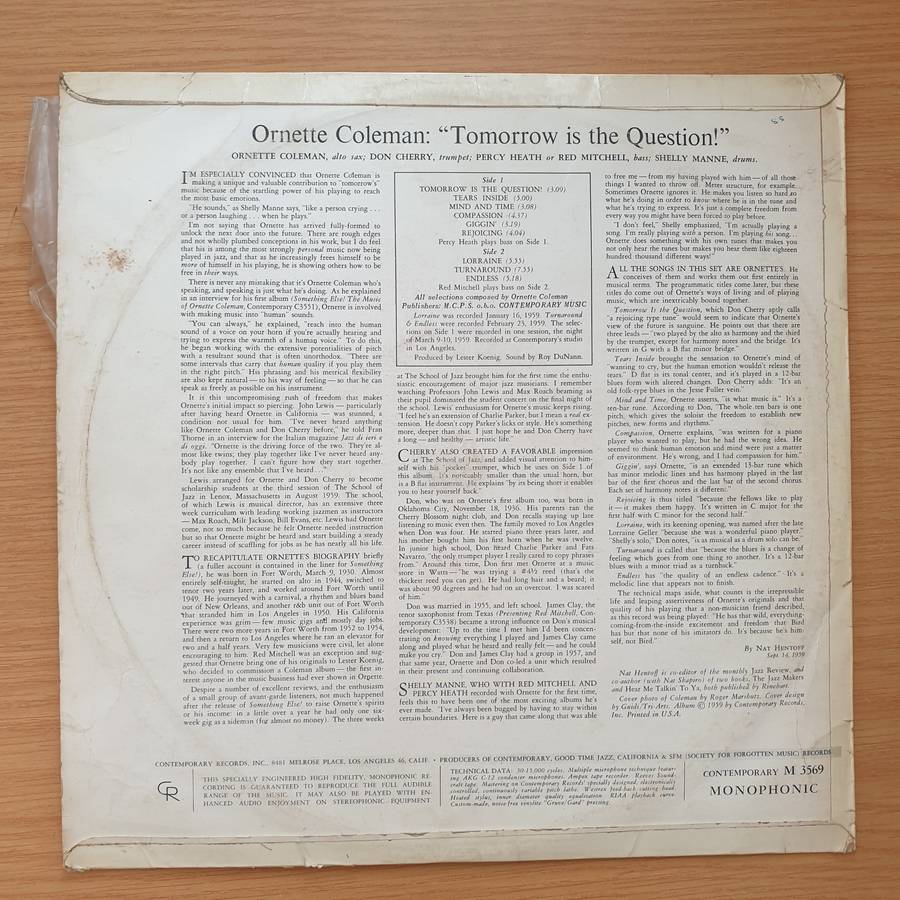 Ornette Coleman  Tomorrow Is The Question!  Vinyl LP Record - Very-Good+ Quality (VG+)