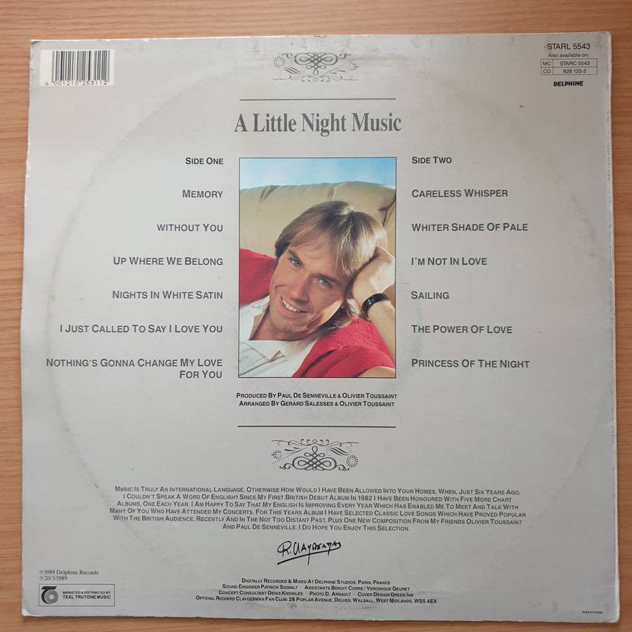 Richard Clayderman - A Little Night Music - 12 Classic Love Songs - Vinyl LP Record - Very-Good+ ...