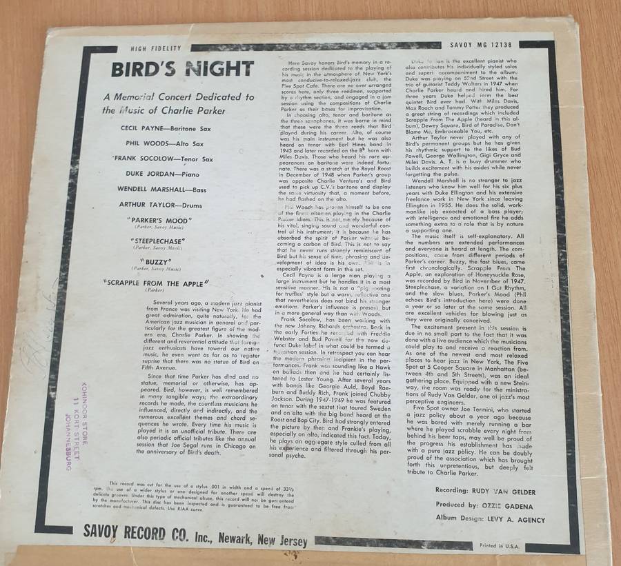 The Music Of Charlie Parker -Bird's Night  Vinyl LP Record  (G+)