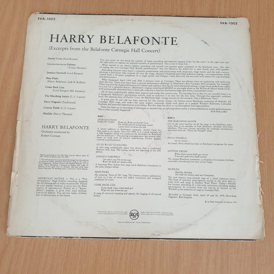 Harry Belafonte  Excerpts From The Belafonte Carnegie Hall Concert   Vinyl LP Record  (VG-)