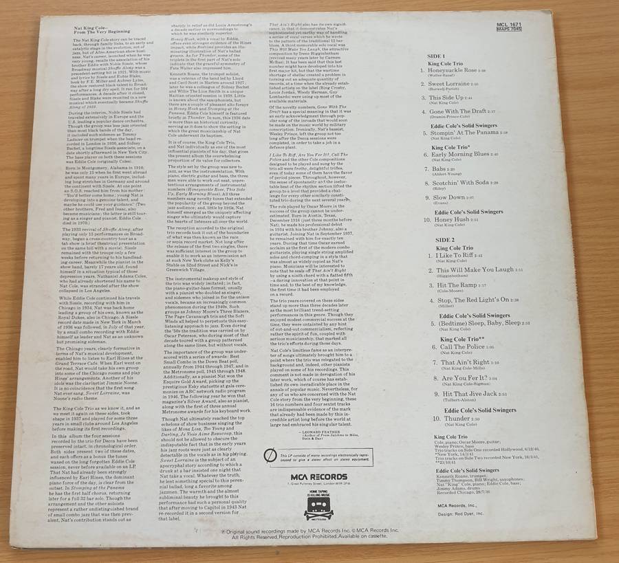 Nat King Cole  From The Very Beginning  Vinyl LP Record  (VG+)