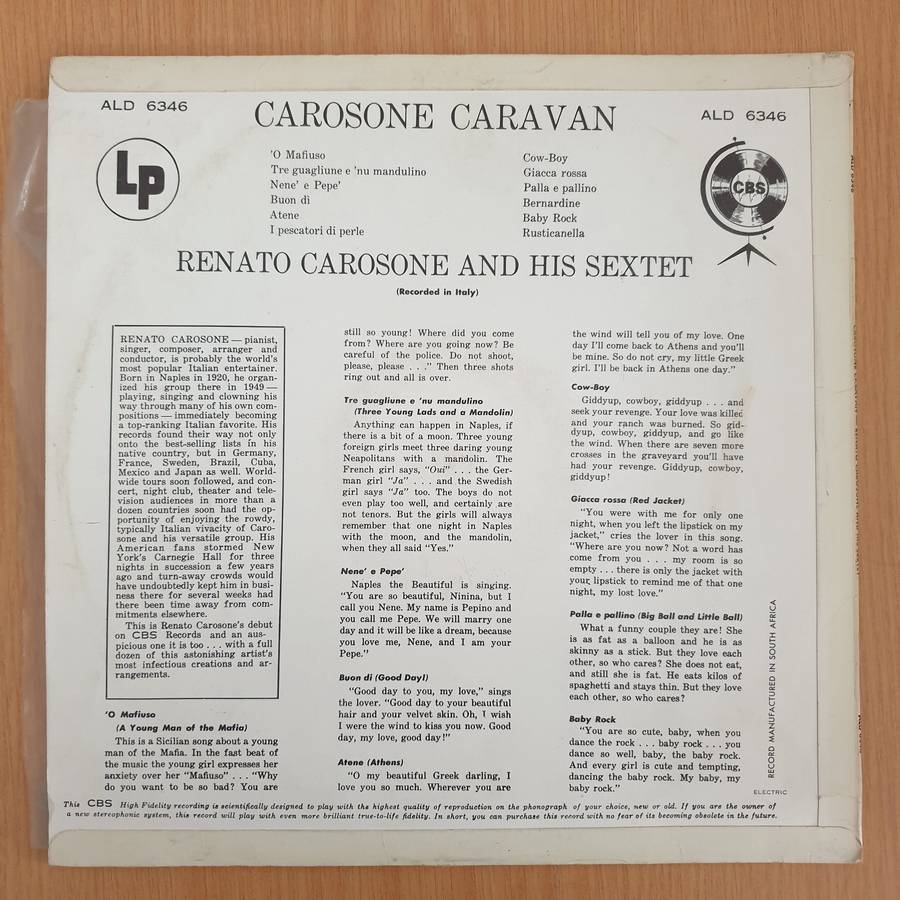 Renato Carosone And His Sextet  Carosone Caravan- Vinyl LP Record (VG+)