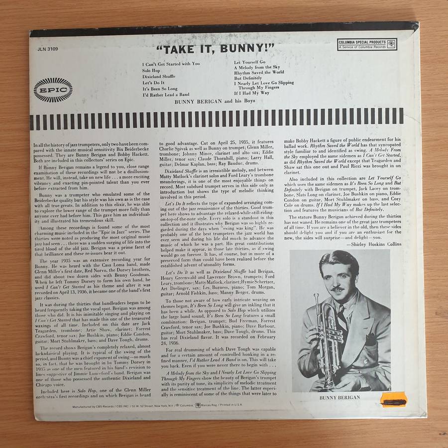 Bunny Berigan And His Boys  Take It Bunny - Vinyl LP Record  (VG+)