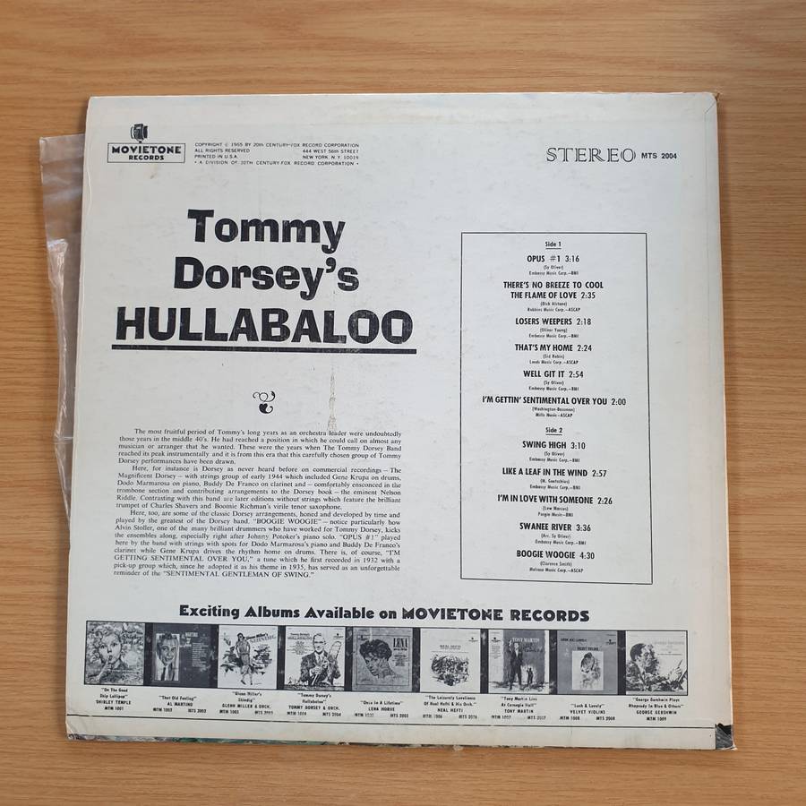 Tommy Dorsey And His Orchestra  Hullabaloo  Vinyl LP Record  (VG+)