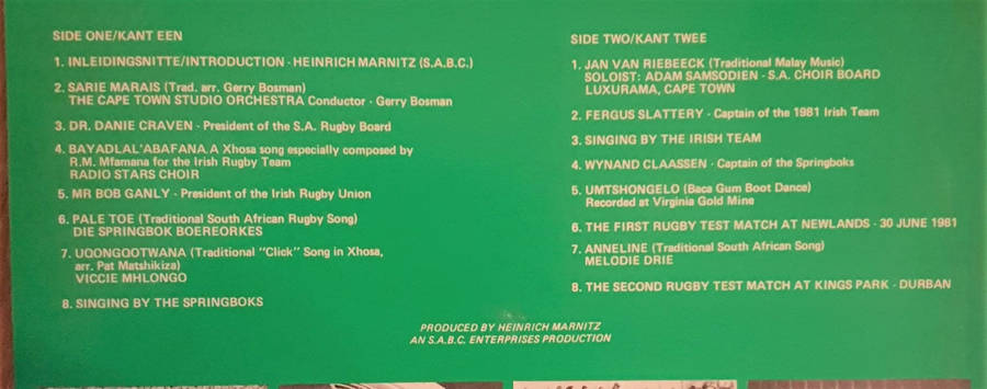 Irish 1981 - Sprinboks South Africa Rugby Rare - Vinyl LP Record - Opened  - Very-Good+ Quality (...
