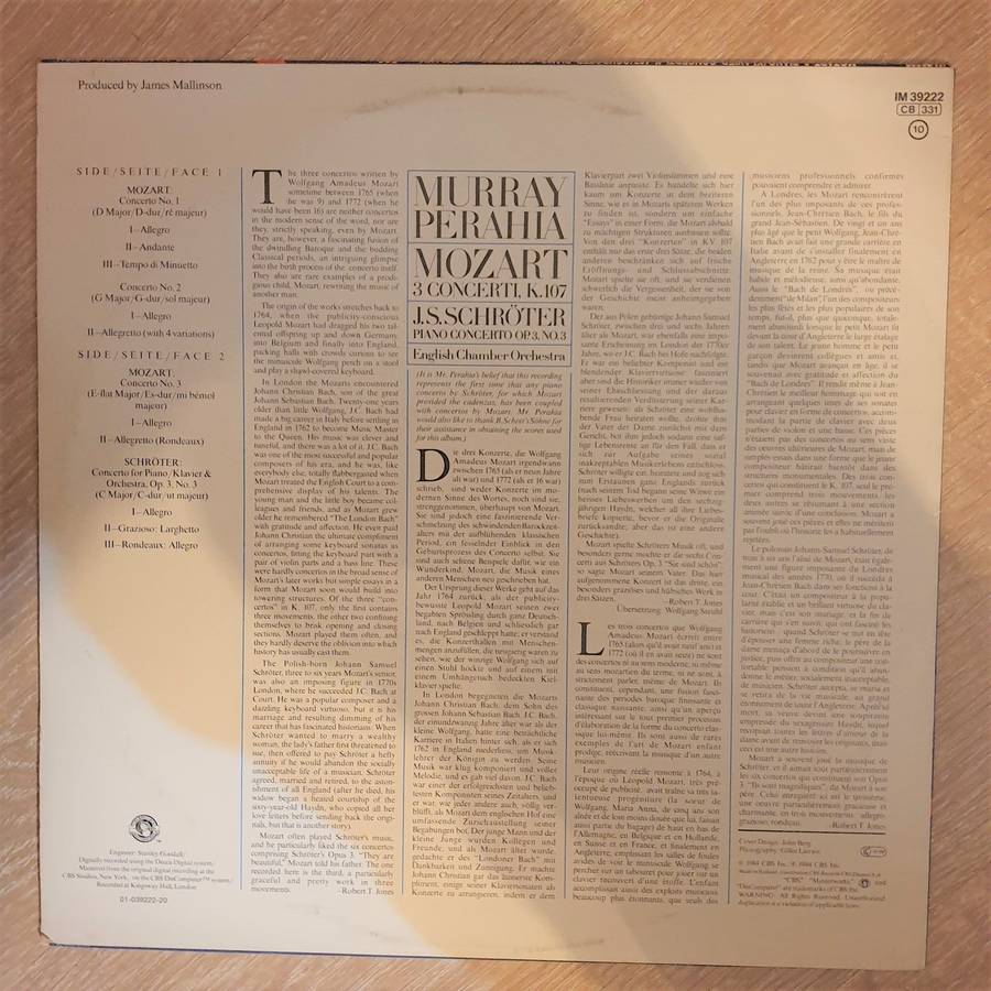 Mozart -  3 Concerti. K. 107  Piano Concerto Op. 3, No. 3 - Schroter - Murray Perahia, English...