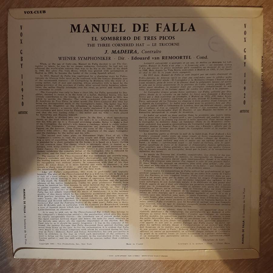 Manuel De Falla, J. Madeira, Wiener Symphoniker, Edouard Van Remoortel  El Sombrero De Tres...