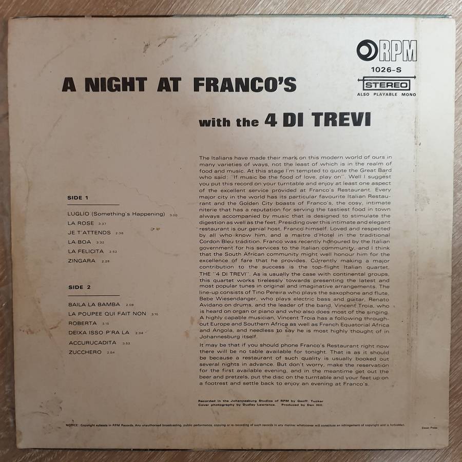 A Night at Franco Italian Resturant Licenced - Vinyl LP Record (VG)