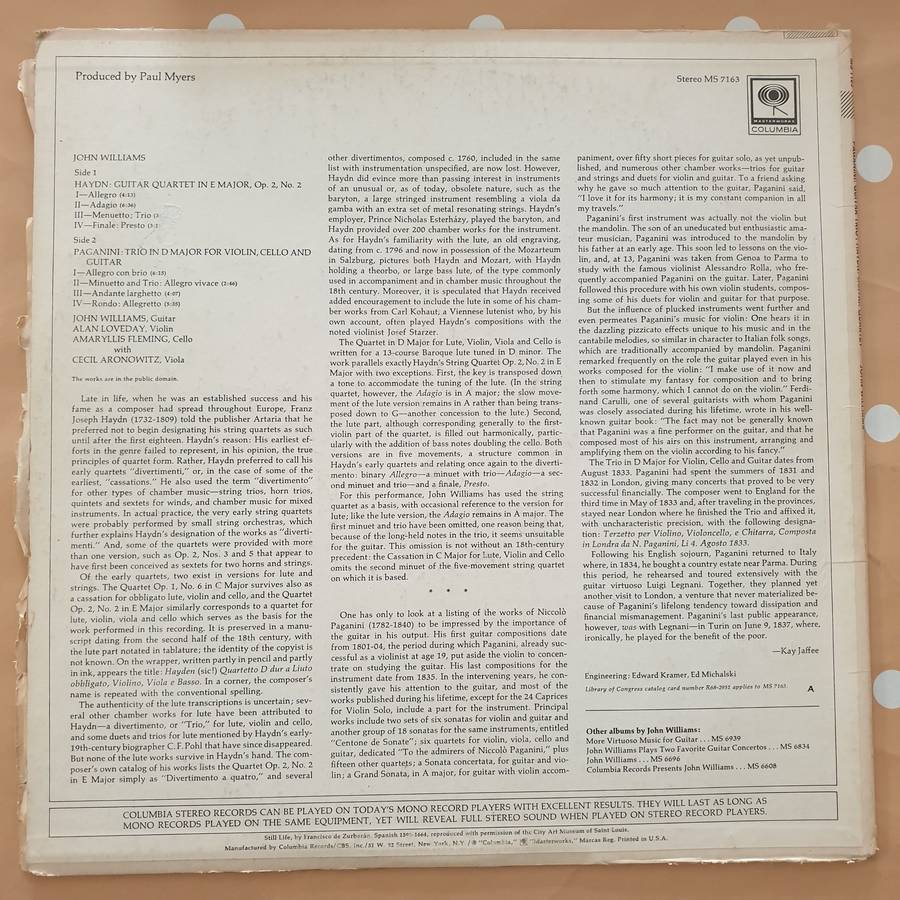 John Williams , Paganini, Haydn  Paganini: Guitar Trio - Haydn: Guitar Quartet -  Vinyl LP ...