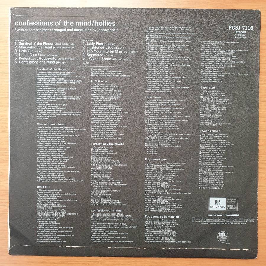 The Hollies  Confessions Of The Mind - Vinyl LP Record - Very-Good Quality (VG)