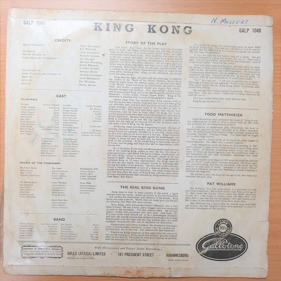 Todd Matshikiza / Pat Williams  King Kong - All African Jazz Opera - Vinyl LP Record - Very...