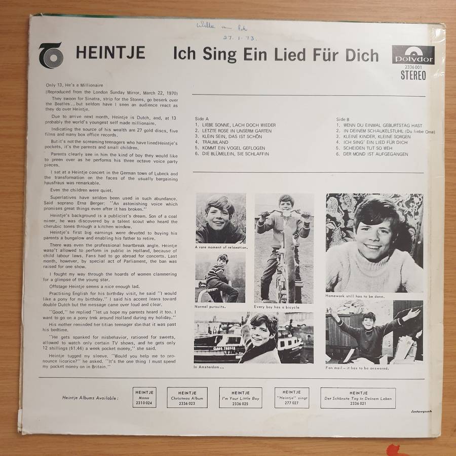 Heintje  Ich Sing' Ein Lied Für Dich  Vinyl LP Record - Very-Good+ Quality (VG+) (verygood...
