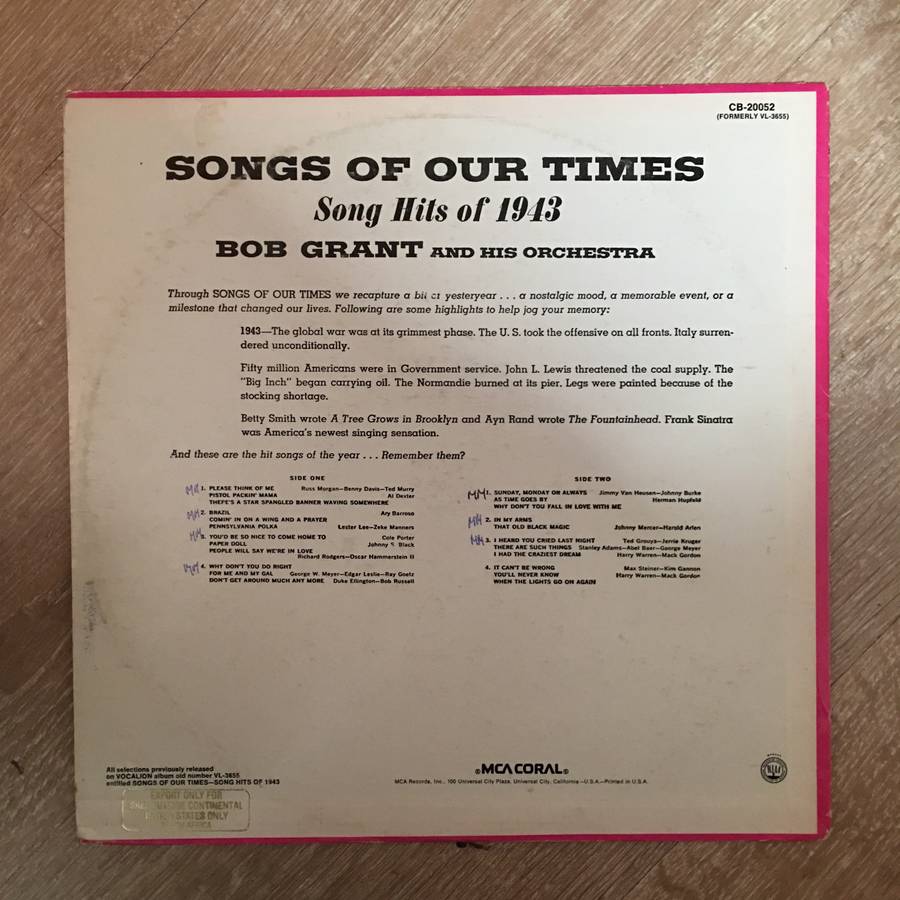 Bob Grant And His Orchestra  Songs Of Our Times - Song Hits Of 1943 - Vinyl LP Record - Ope...
